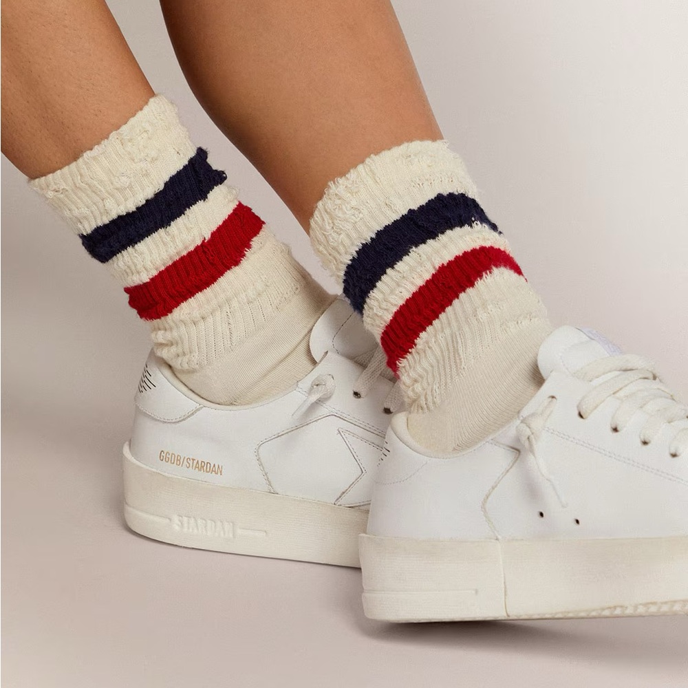 Golden Goose Cream Socks with Red and Blue Stripes